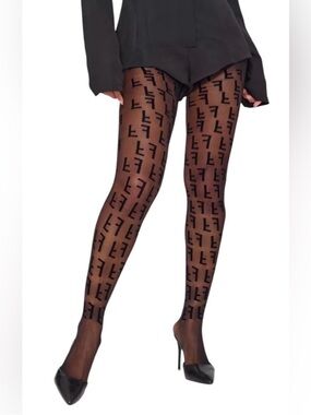 F Logo Pattern Sheer Tights - Black